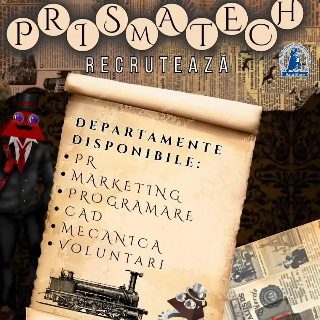 ​✨ Ești gata să faci parte dintr-o nouă aventură plină de inovație și tehnologie? 🚀⚙️ ​Echipa de robotică PrismaTech de la Colegiul Național „Doamna Stanca” Satu Mare RECRUTEAZĂ! 🎩
